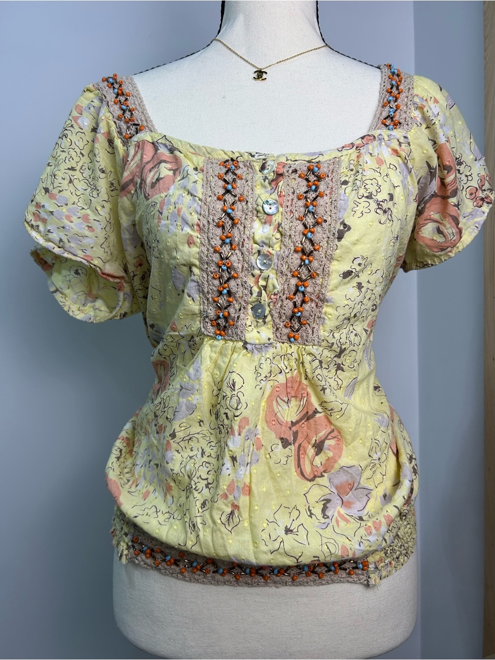 American Rag Cie Yellow Floral Beaded Peasant Top